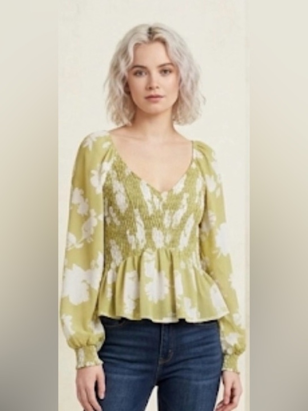 Wallflower Light Olive Green White Floral Smocked Peplum Blouse 2X NWOT